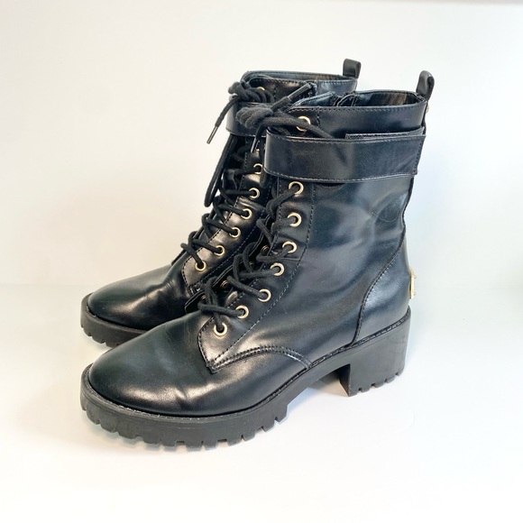 Juicy Couture‎ Combat Boots Oodles Black Faux Leather Lace Up Grunge Y2K - Picture 1 of 9
